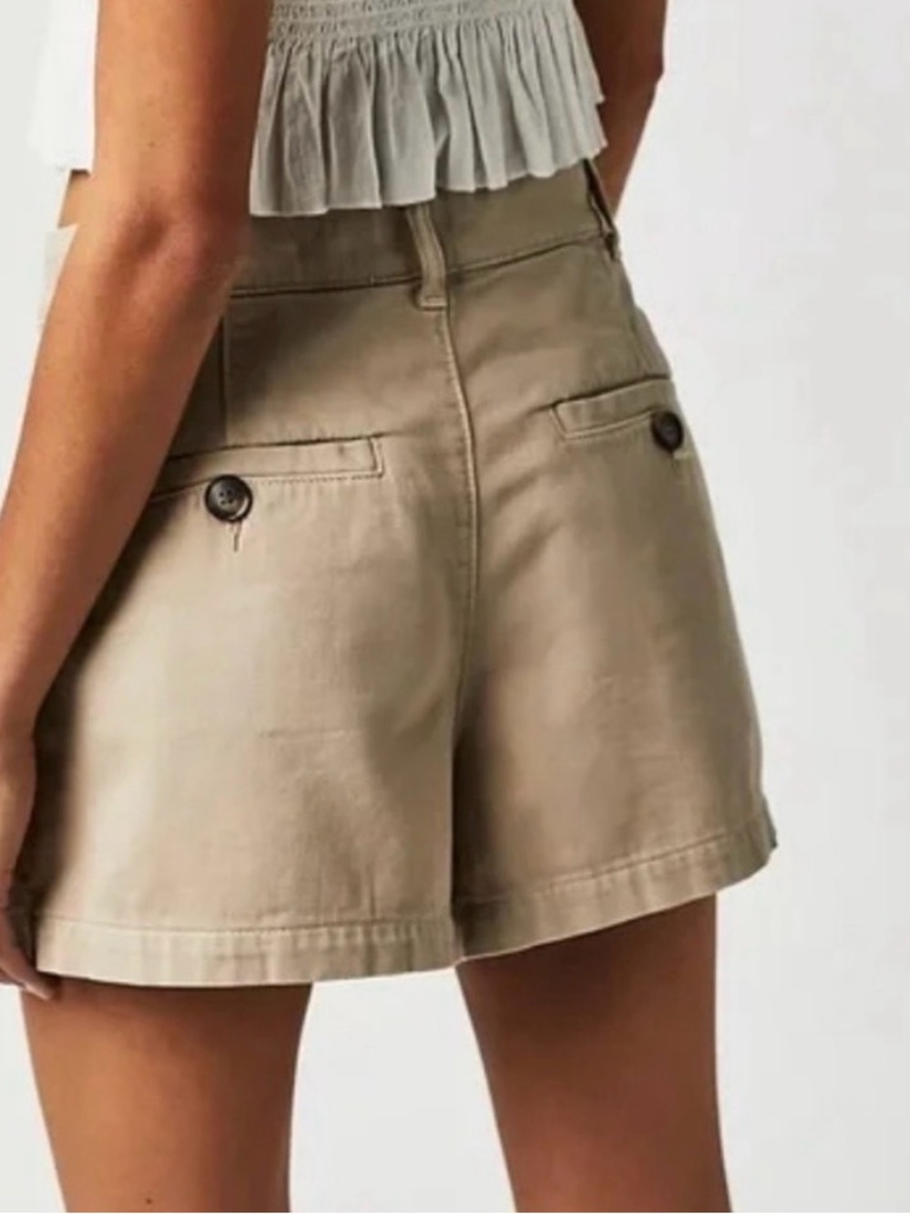 Free People Khaki Billie Chino High-Waist Tailored Pleated Shorts